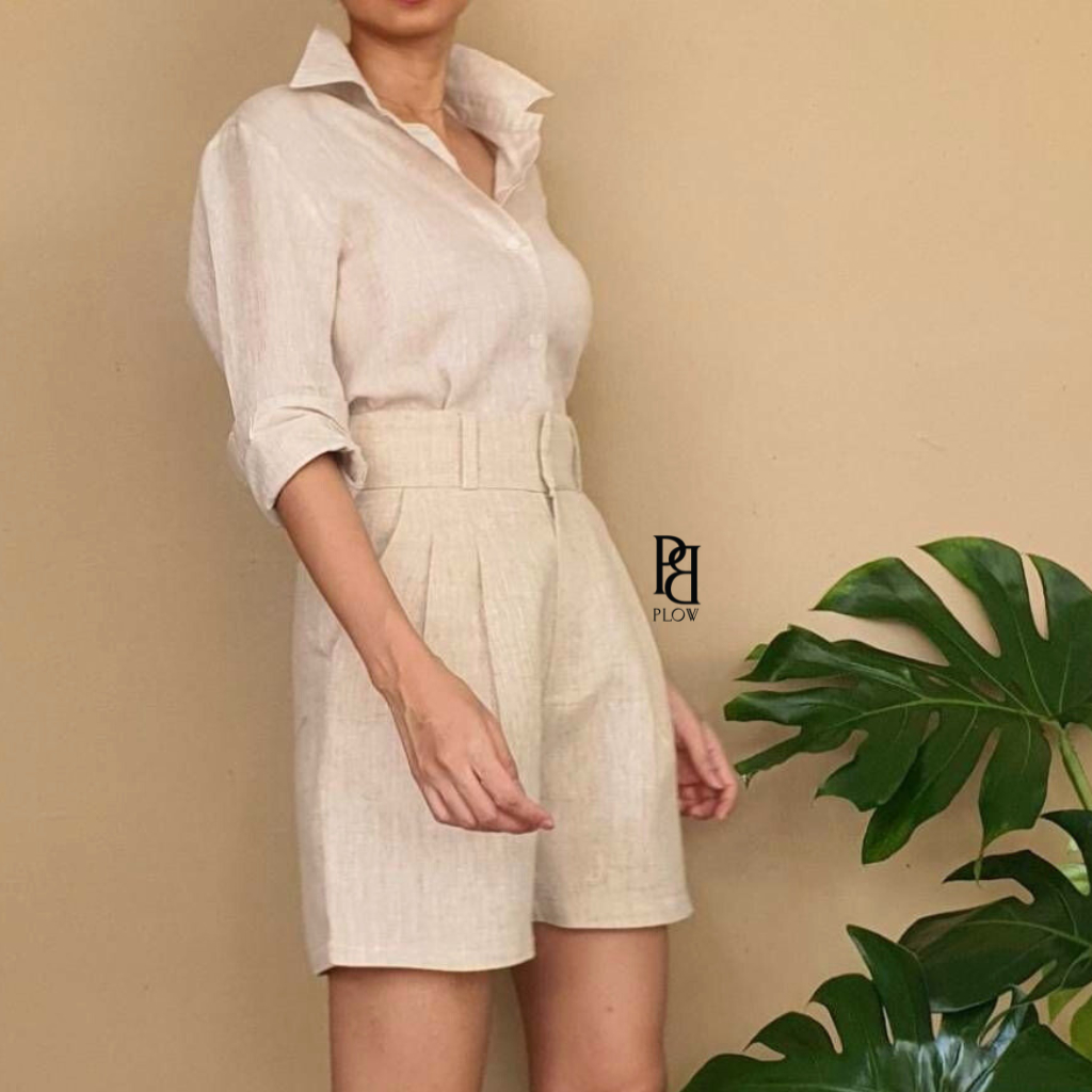 PLOWBRANDS-PS0004 Signature high-waist short กางเกงขาสั้นผ้าลินินแท้ กางเกงขาสั้นเอวสูง - รูปที่ 4