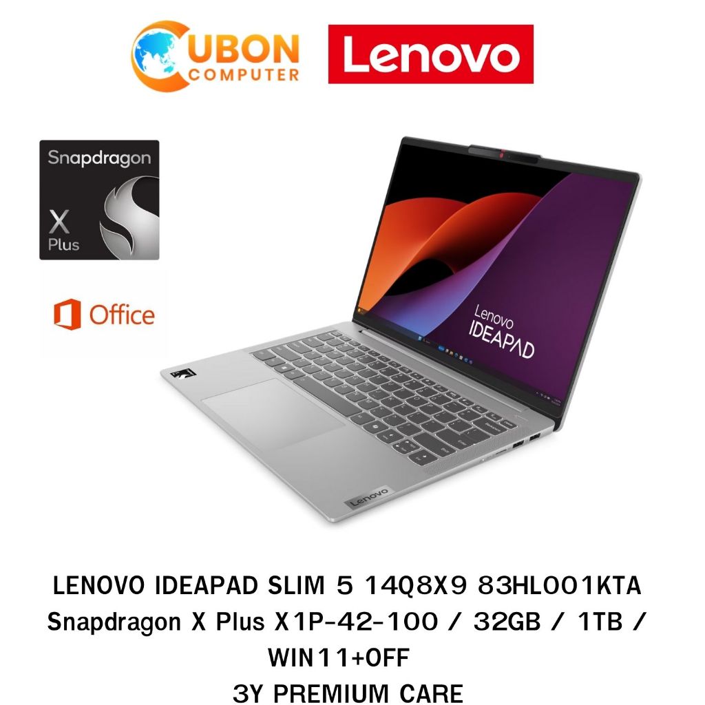 LENOVO IDEAPAD SLIM 5 14Q8X9 83HL001KTA / Snapdragon X Plus X1P-42-100 / 32GB / 1TB / WIN11+OFF / 3Y