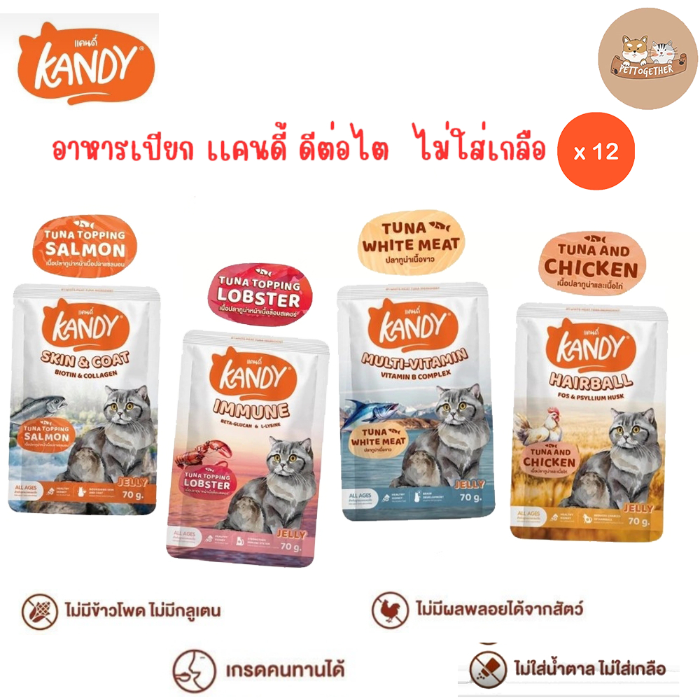 (ยกโหล) Kandy แคนดี้ อาหารเปียกแมว ไม่ใส่เกลือ ผลิตจากปลาเนื้อขาว ขนาด 70gX12ซอง