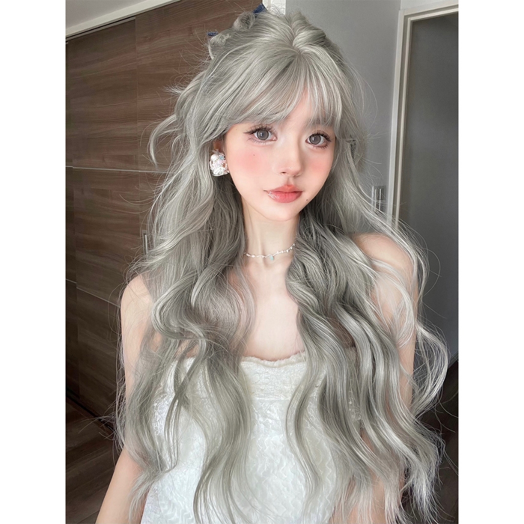 GDS Wigs วิกผมลอนคลื่นเล็กสีเทาอ่อน มีหน้าม้า (ยาว 72 cm)  แถมเน็ตผม