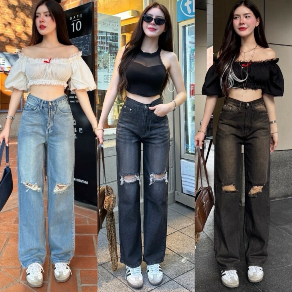 YAM Jeans (S-3XL) ยีนส์ทรงวินเทจ ขากระบอกกลาง ขาดเข่ารุ่นใหม่ รุ่นนี้เป็นผ้าไม่ยืดมี 3 สี รุ่นฮอต พร้อมเสิร์ฟ