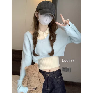 BY IRA 💜พร้อมส่ง💜 (2102) Crop Tops Alaska เสื้อแขนยาวครอป +กล้ามไหมพรม สไตล์เกาหลี สีพาสเทล ผู้หญิง คาวาอี้ สไตล์เกาหลี