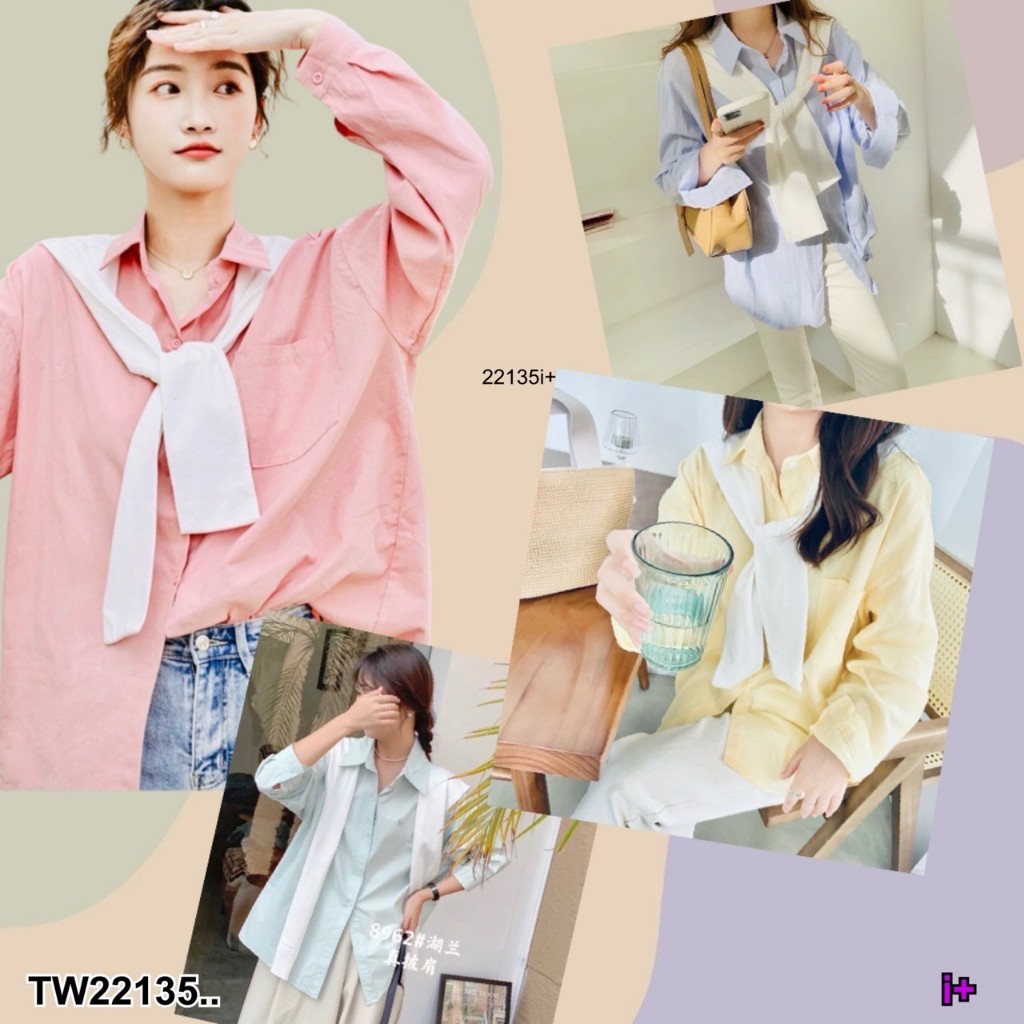 TwinsShopVip พร้อมส่ง TW22135 เสื้อเชิ้ตซาร่า +ผ้าพันคอไหมพรม ..