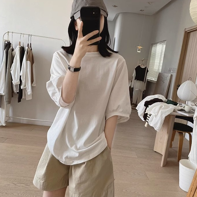 เสื้อยืดแฟชั่นสวยๆผู้หญิงฤดูร้อนใหม่ สีพื้น oversize เสื้อผ้าสาวอวบมินิมอลน่ารักๆ เสื้อโอเวอร์ไซส์สไตล์เกาหลี แขนบอลลูน
