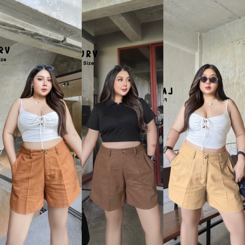 กางเกงขาสั้นเอวสูง สาวอวบ(เอว32-50) สีเอิร์ธโทน สม็อคหลัง เนื้อผ้าคอตตอนกึ่งยีนส์ ทรงสวย plussize