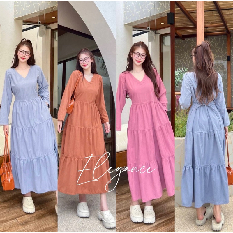 เดรสยาว แขนยาวผ้าลูกฟูกหนา ใส่ทรงสวยย มีหลายสี สาวบอวบใส่ได้