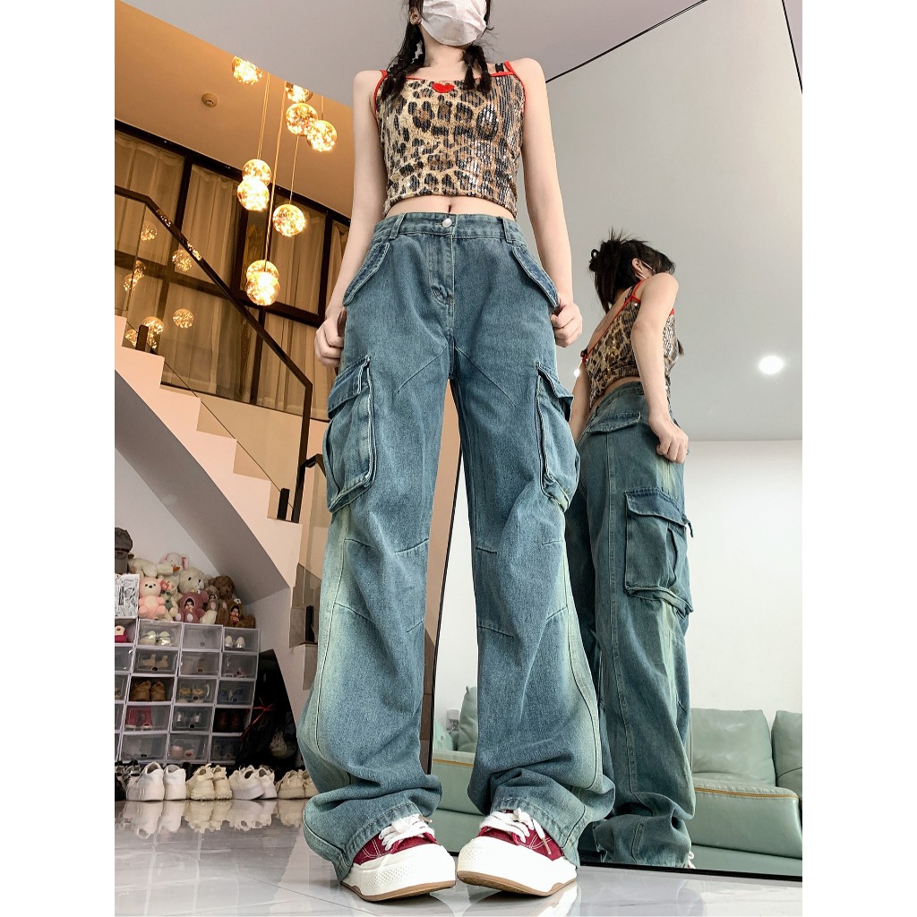 COCOA Jeans-🌟พร้อมส่ง🌟 กางเกงยีนส์ เอวสูง ขายาว ทรงกระบอก กระเป๋าข้าง คาโก้เท่มาก(8555)