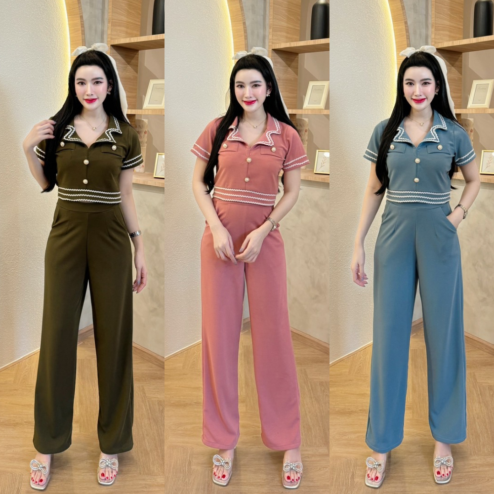 พร้อมส่ง ชุดเซตยาวผ้าวูลเวฟ เสื้อครอปคอปกแต่งกุ้นแต่งกระเป่าหน้า+กางเกงเอวเรียบสม็อคหลังมีกระเป๋า A5259