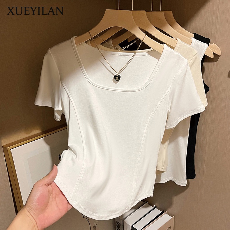 พร้อมส่งจากกทม🌼เสื้อยืดสีขาวผู้หญิง เสื้อยืดแขนสั้น สีพื้น กาหลี ทรงสลิมฟิต ผ้านิ่มสวมใส่สบาย มีไซส์ S-XLกร