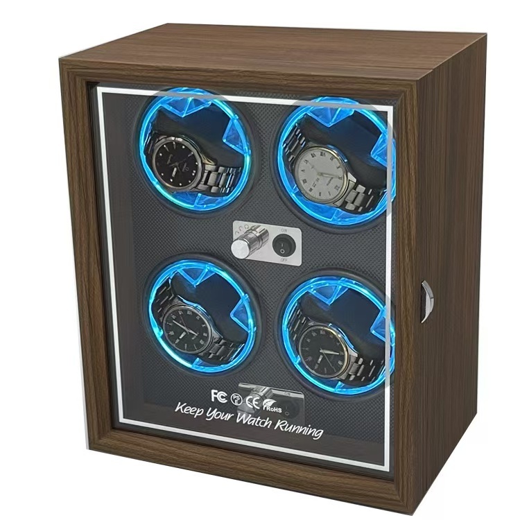 ไฟLED กล่องหมุนนาฬิกา 4 เรือน วอลนัทสีดำไม้ Watch Winder กล่องนาฬิกา กล่องหมุนนาฬิกาอัตโนมัติ ห้าเกียร์ปรับได
