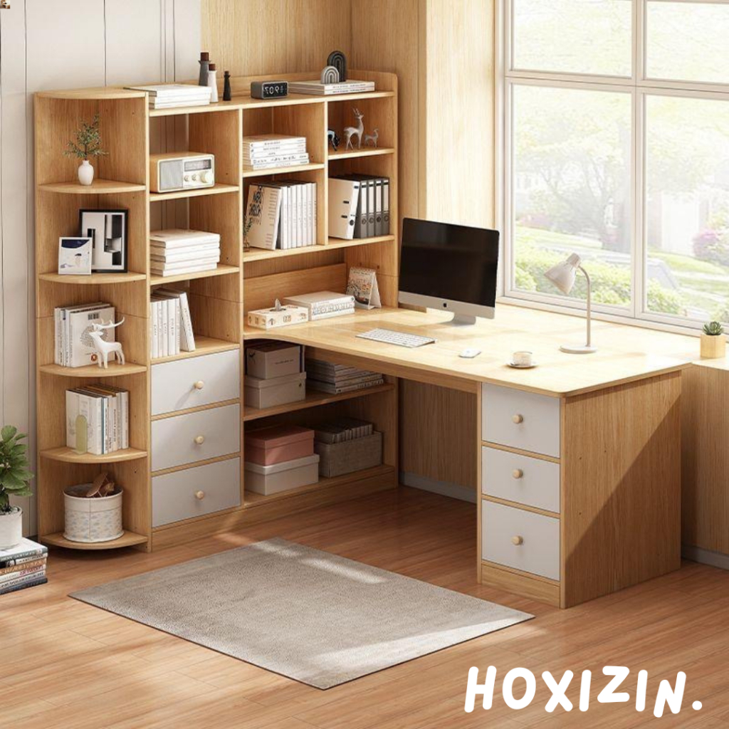 โต๊ะทํางานมีชั้นวางของ ชั้นหนังสือ โต๊ะเขียนหนังสือ วางคอมพิวเตอร์ ไม้MDF แข็งแรงขนาดใหญ่