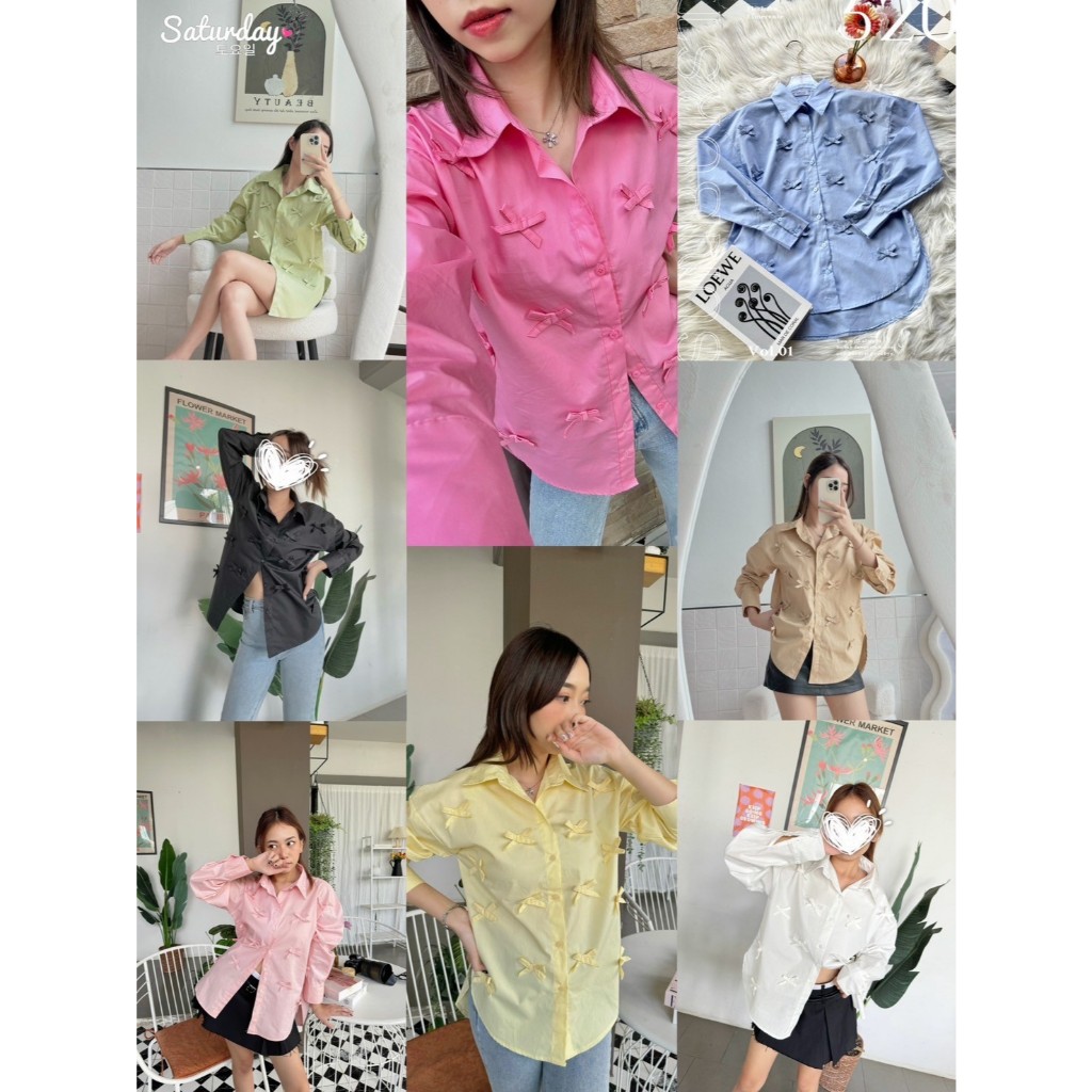 ป้าย Saturday เสื้อเชิ้ตผ้าคอตตอนแขนยาวแต่งริ้บบิ้นโบว์ อก 42 นิ้ว