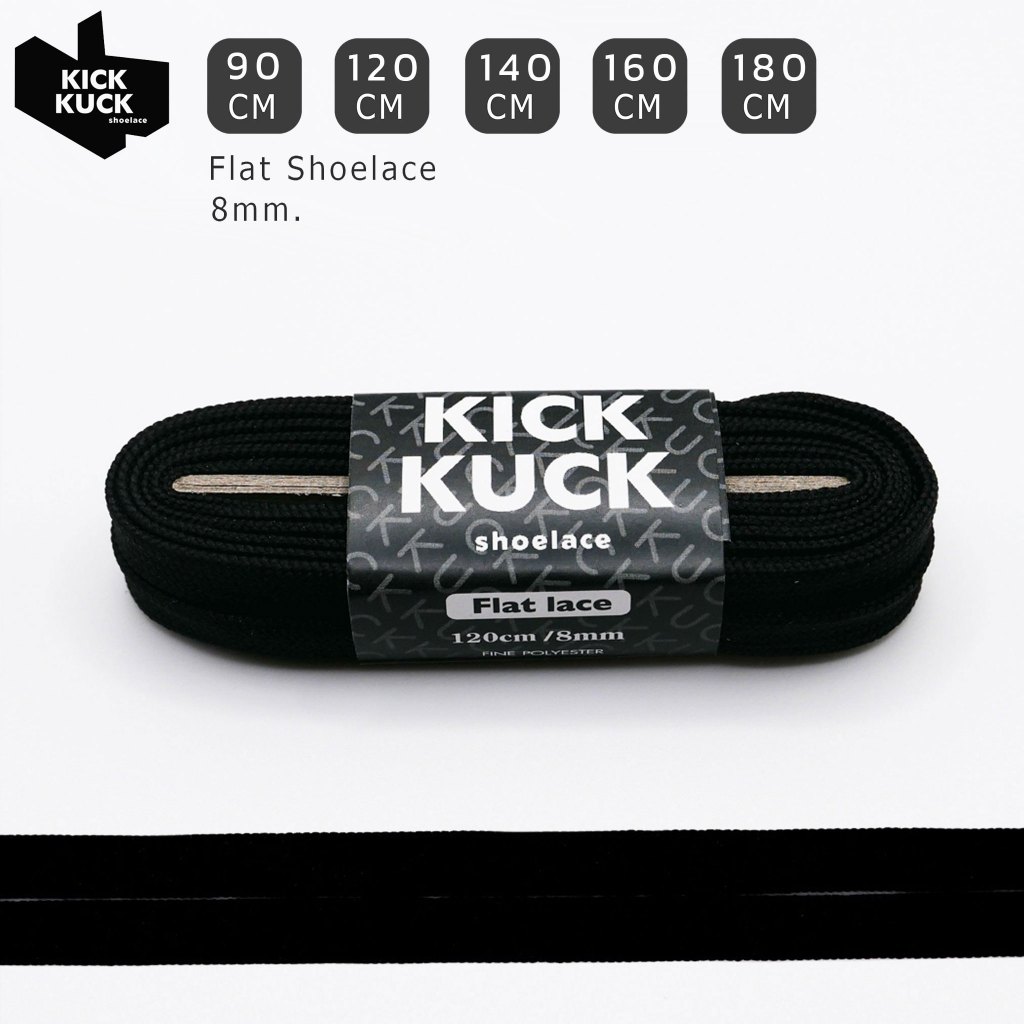 (หนา2ชั้น ไม่บาง) KICKKUCK (คิกคัก) เชือกรองเท้าสีดำ (black) (แบบแบน)FLAT ความยาว 90,120.140,160,180 cm.