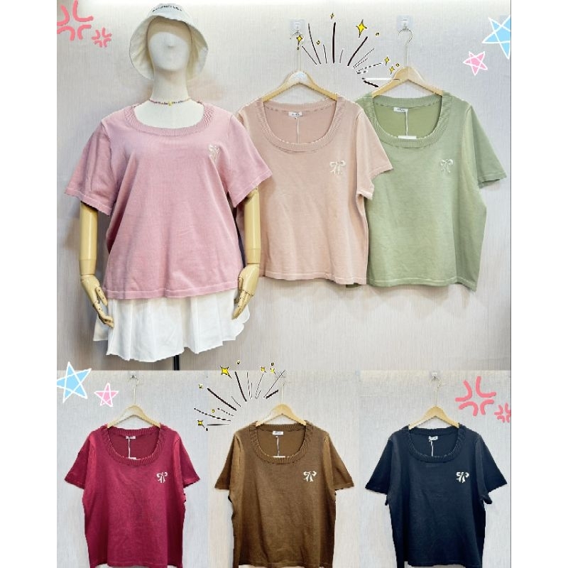 บิ๊กไซร์ เสื้อไหมพรมคอกลมสีพื้น ปักโบว์ หน้าผ้า48-70ยาว25