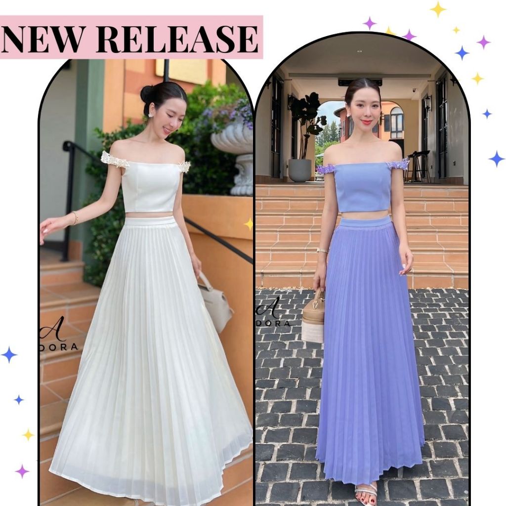 S-XL ชุดเซ็ทใส่ออกงาน งานป้าย Adora สวยเรียบหรู เสื้อครอปปาดไหล่ + กระโปรงพลีทยาว สีม่วงและสีครีม
