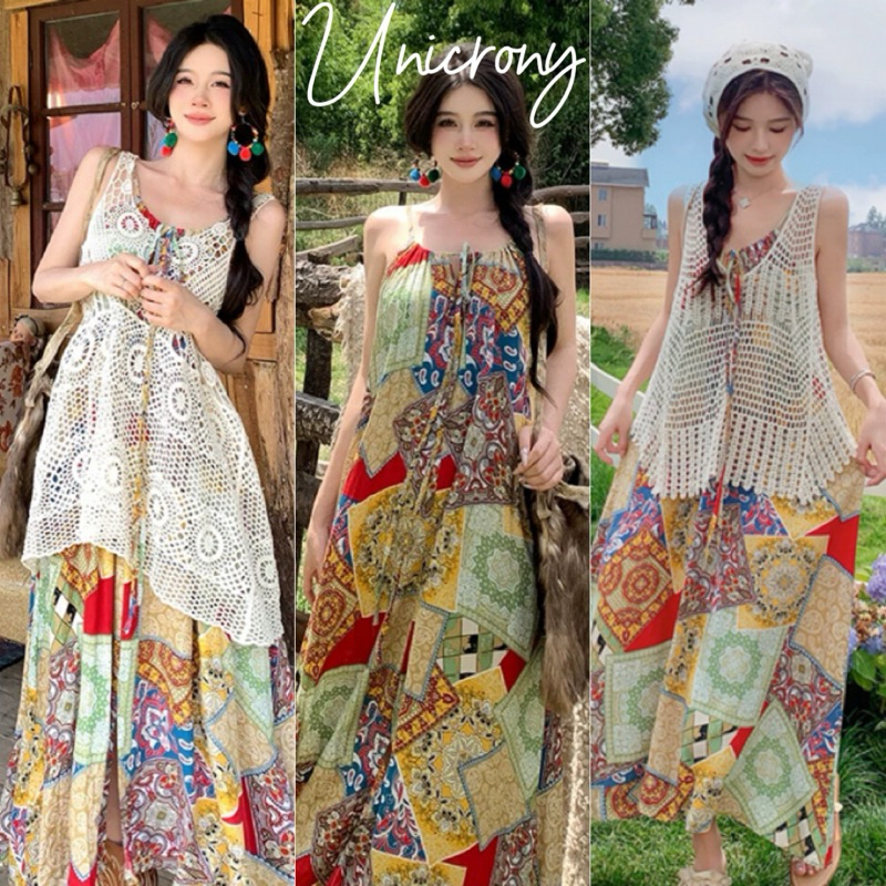 Unicrony•ชุดเดรสยาว | พร้อมส่ง เดรสสายเดี่ยว ผ้าพิมพ์ลาย สไตล์โบฮีเมียน สามารถเลือกแมทซ์กับเสื้อตัวนอกได้ค่ะ