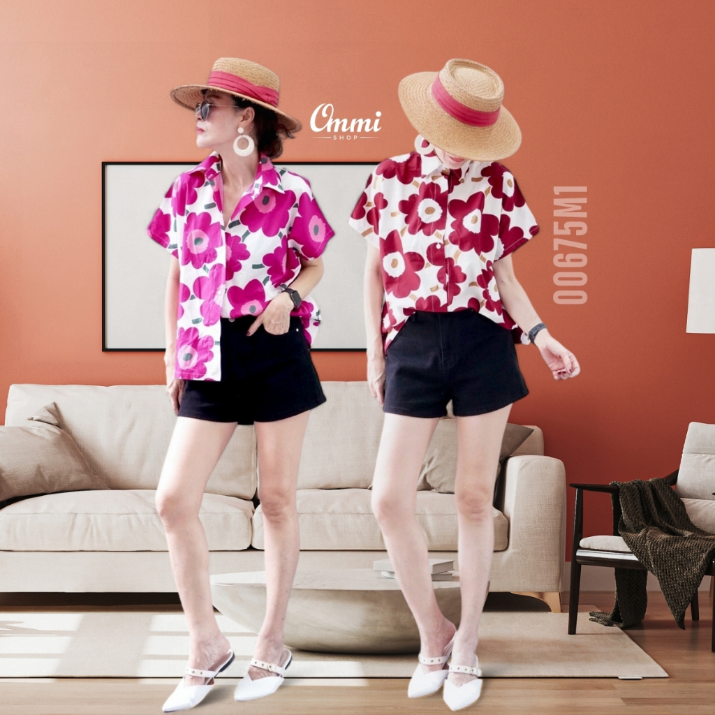 Ommishop 00675M1 เสื้อคอปกเชิ้ต ลายดอก Mari มารีเมกโกะ Cotton Japan 100% (Bonus)