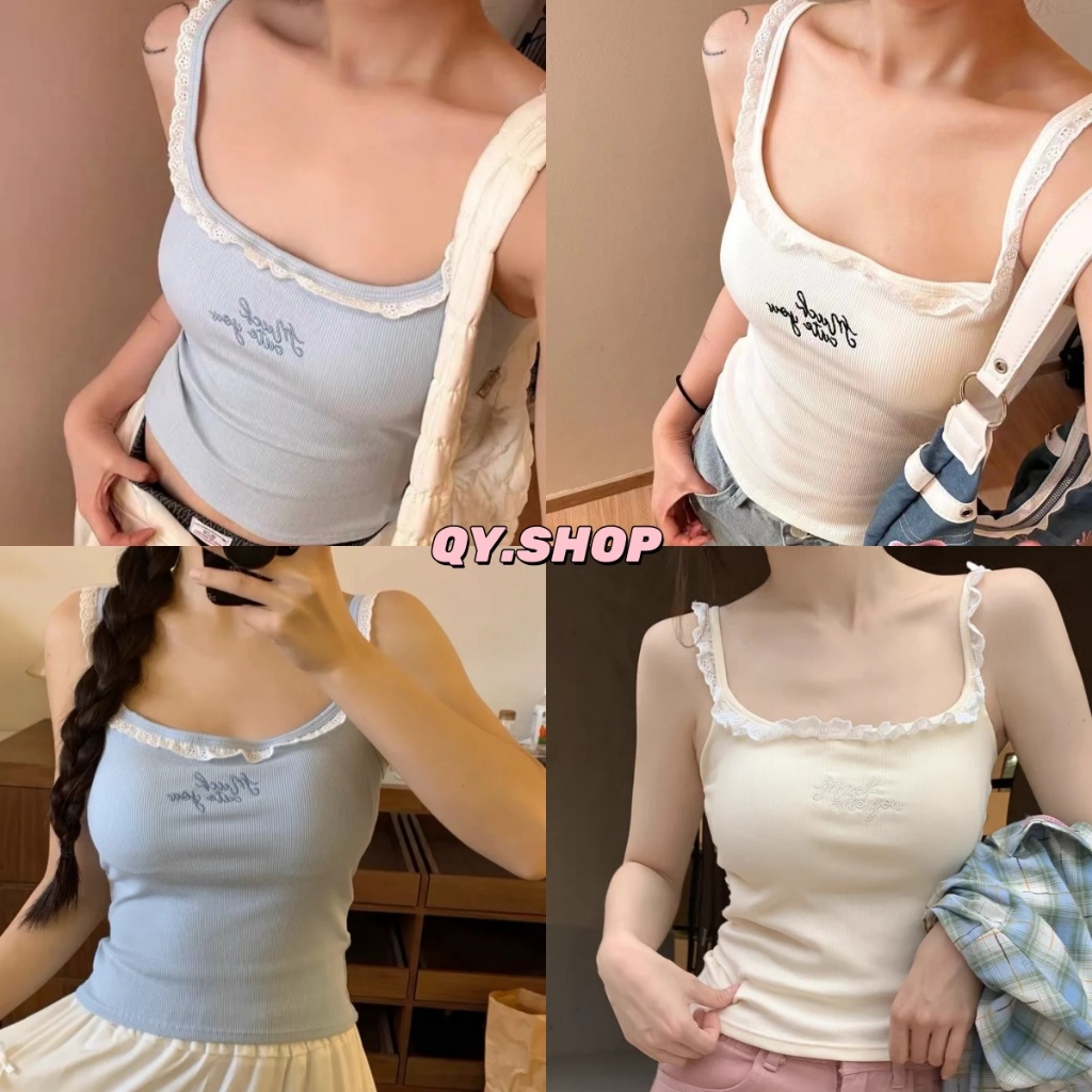 QY.Shop⭐️เสื้อสายเดี่ยว มีฟองน้ำ ใส่สบาย สัพาสเทล ดีเทลปักลายตัวอักษร 