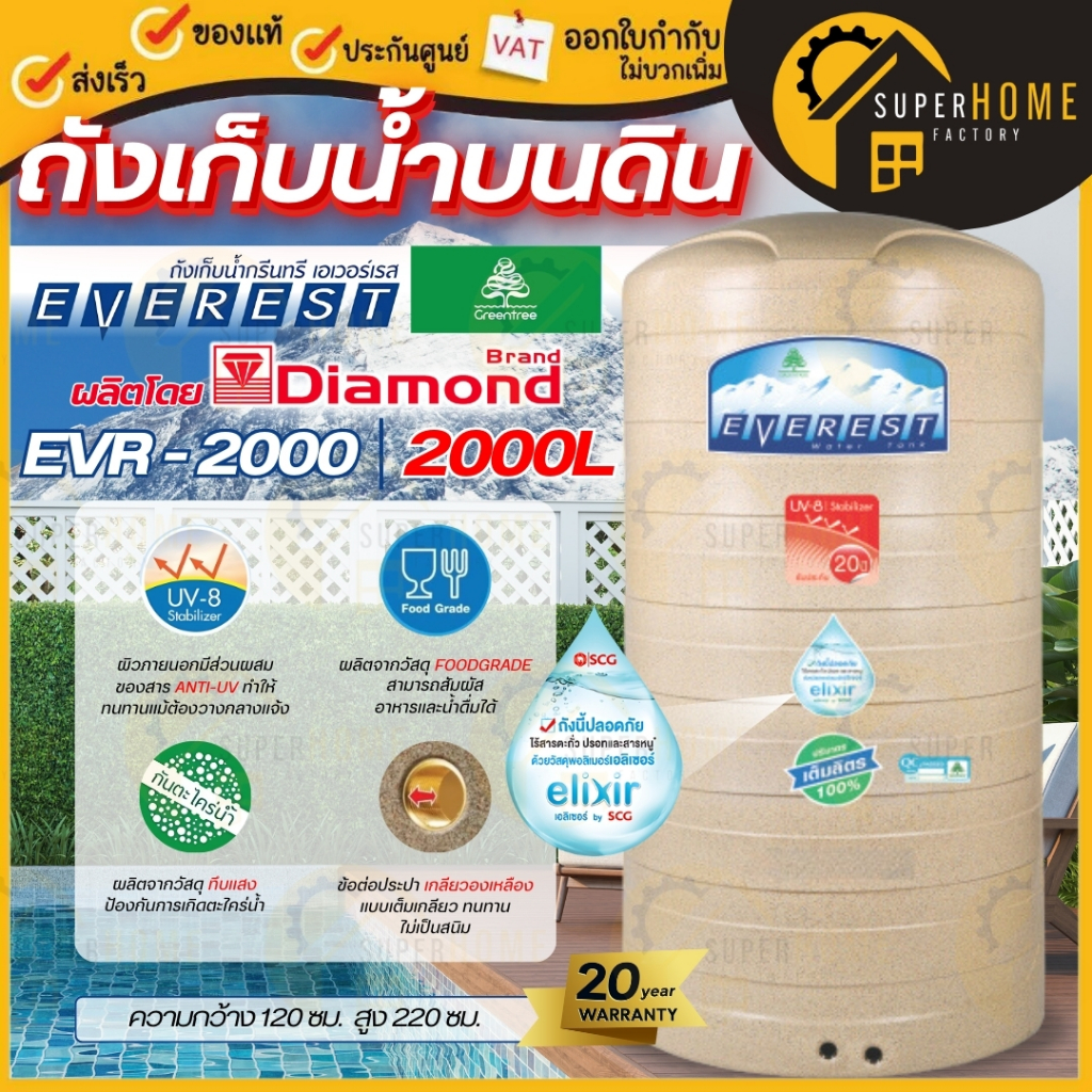 🚨ฟรี ลูกลอย 1 นิ้ว🚨จัดส่งฟรี 💎ถังเก็บน้ำ Greentree ตราเพชร กรีนทรี รุ่น EVEREST  700 ลิตร, 1000 ลิตร