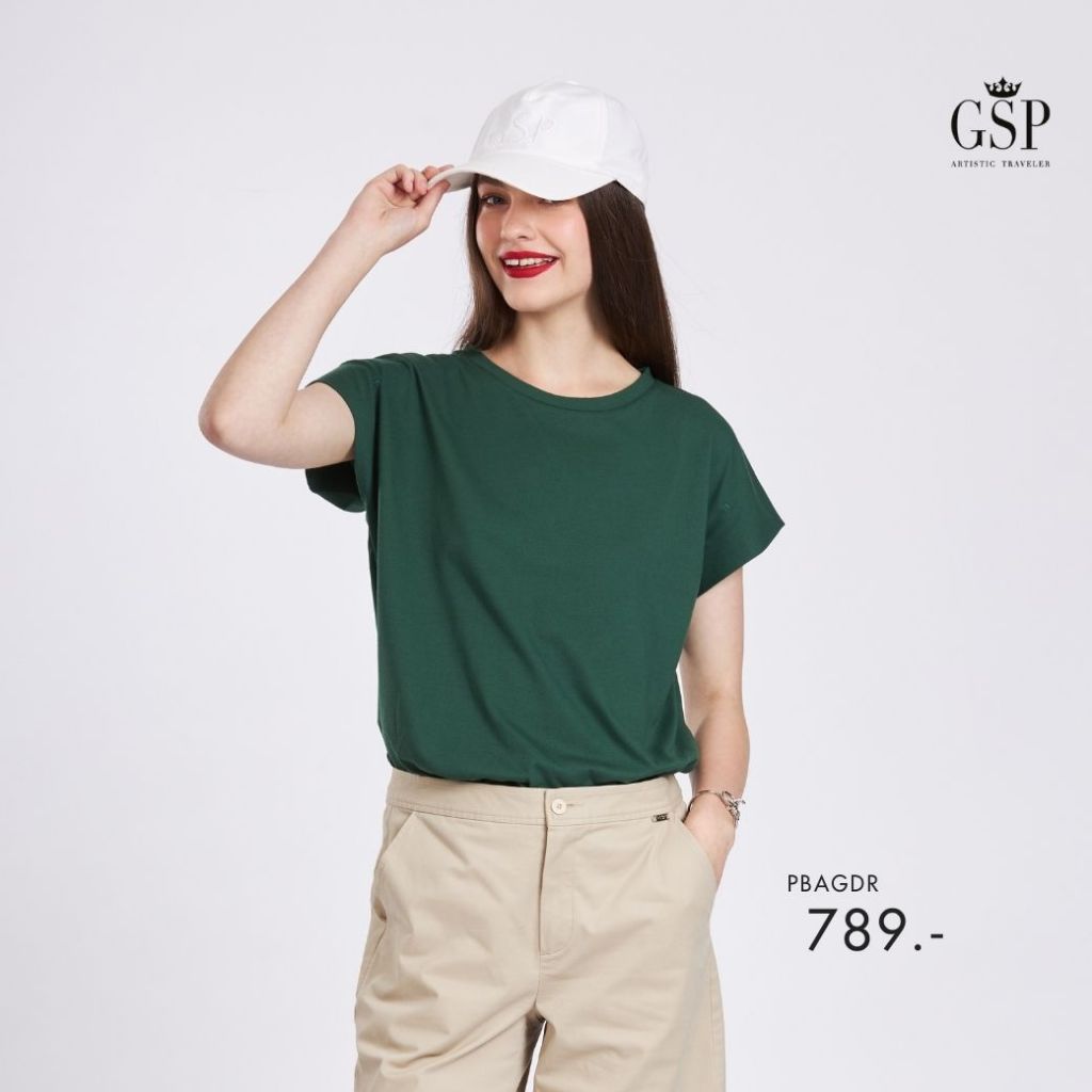 GSP เสื้อยืดคอกลม Color Crop Tee แขนล้ำ สีเขียว PBAGDR
