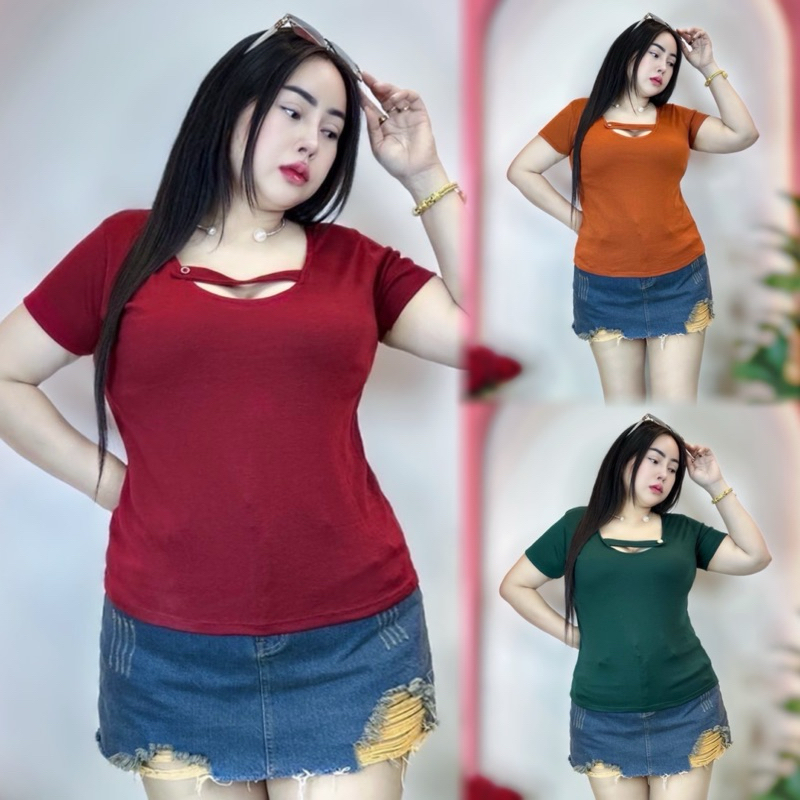 เสื้อยืดสาวอวบ อก38-44 ยาว24 46ใส่ได้ ผ้ายูนิโคล่เทียม เนื้อนิ่มสีสวย เรียบแต่สวยมาก คอยูคาดเพชร