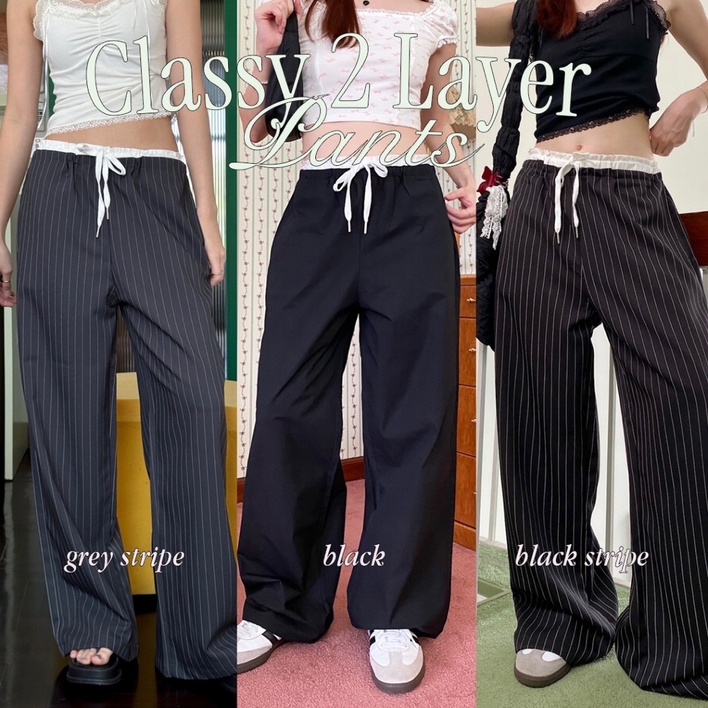 Choosedress A5215 Classy 2-Layer Pants กางเกงขายาวสีดำมีเชือกผูกด้านหน้า