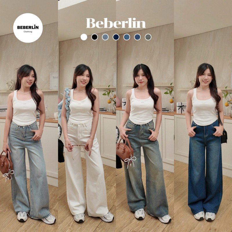 Beberlin กางเกงยีนส์ ขากระบอกใหญ่ เอวสูง สีเฟด รุ่น Millie jeans / No : 2389