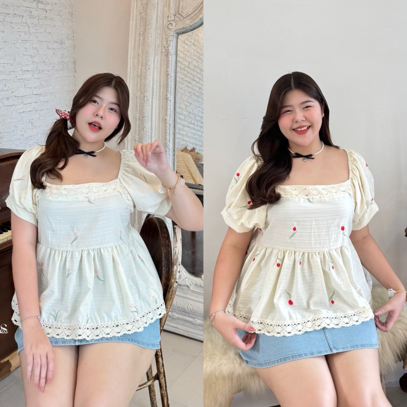 เสื้อคอเหลี่ยม งานปักดอกทิวลิป เสื้อสาวอวบ อก40-50นิ้ว Freesize เสื้อสาวอวบไซซ์ใหญ่