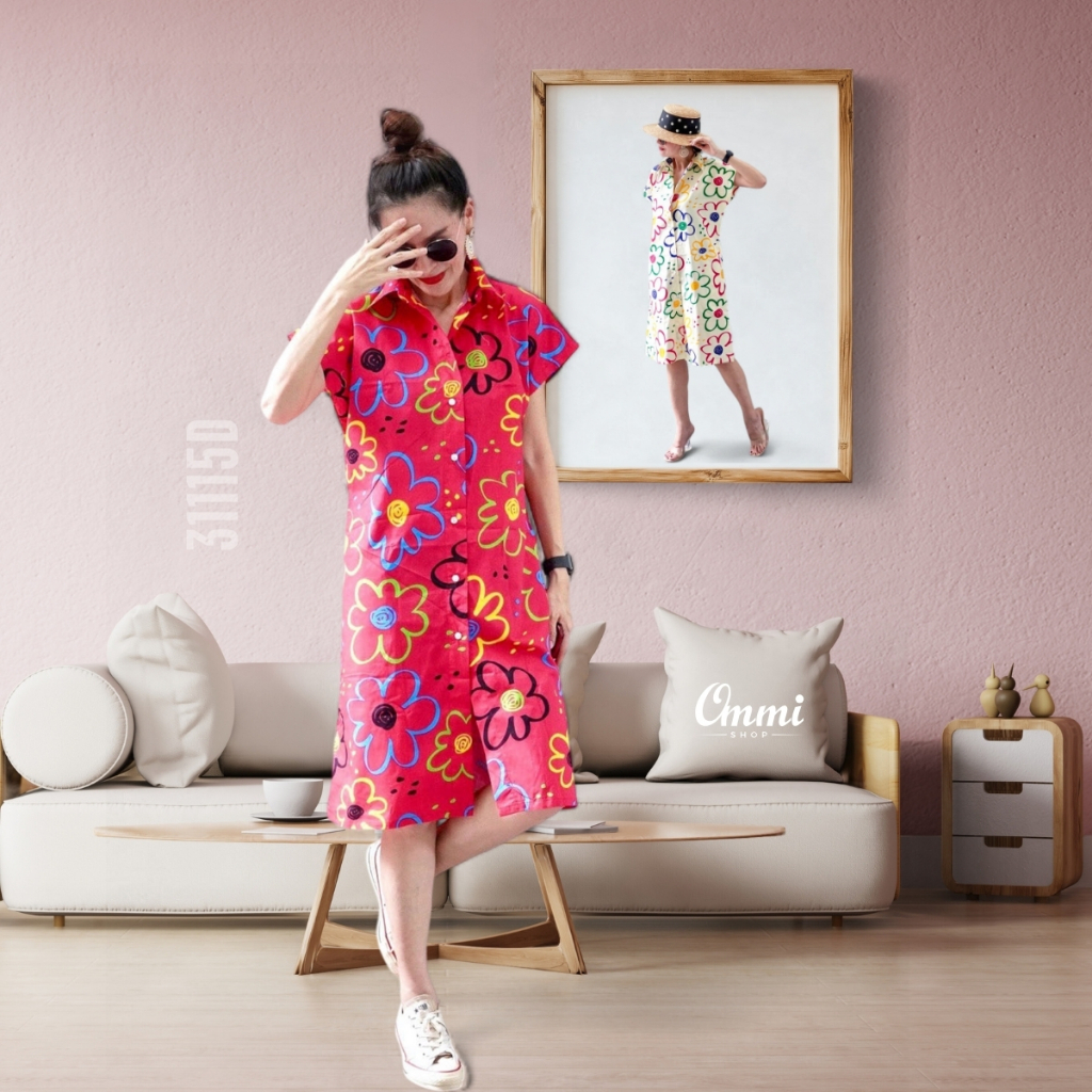 Ommishop 31115D ชุดเดรสเชิ้ตแขนล้ำ ผ่าด้านหน้า ยาวเสมอเข่า ลายดอกเดซี่ cotton japan 100% (Bonus)