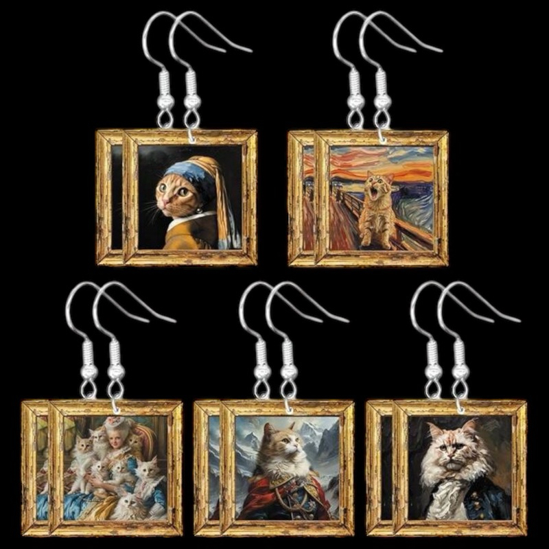 ♡ ต่างหูน้องแมว ลายวินเทจ พร้อมส่ง /Vintage Cat Earrings / Animal Acrylic Dangle Earrings