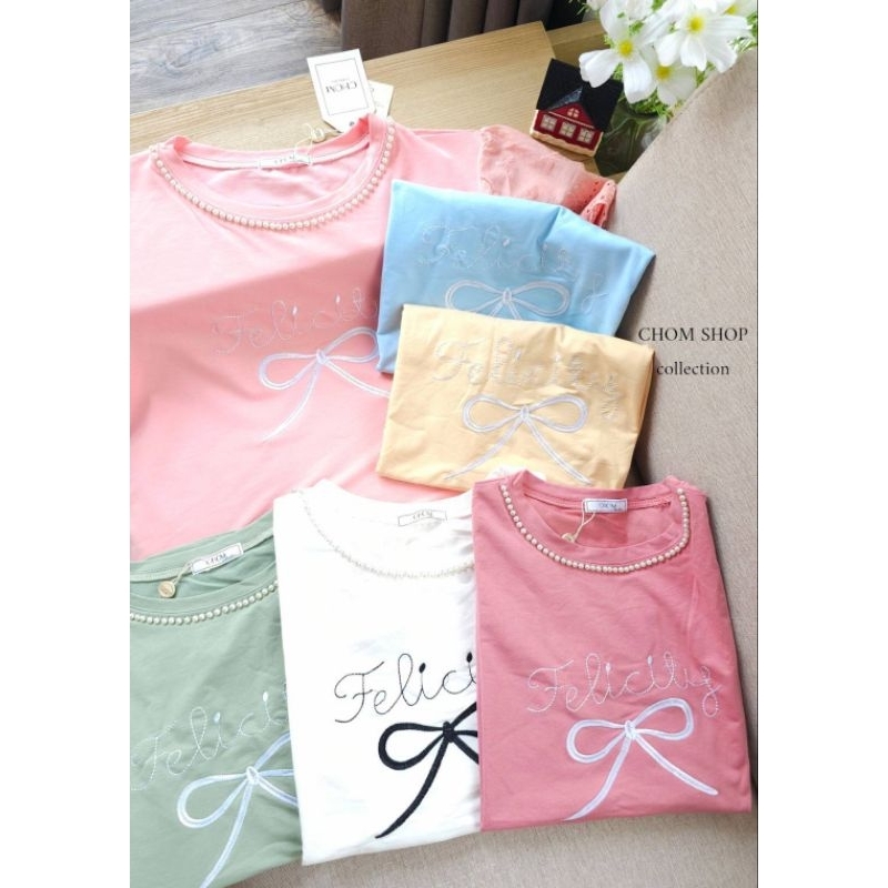 เสื้อยืดป้ายchomงานปักมุกปักโบว์เเขนปลายฉลุ