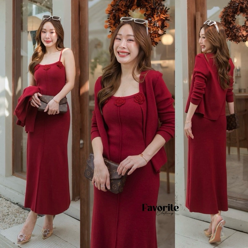 Knit SGL Floral 3D Maxi Dress&Cardigan Long Sleeve Set
