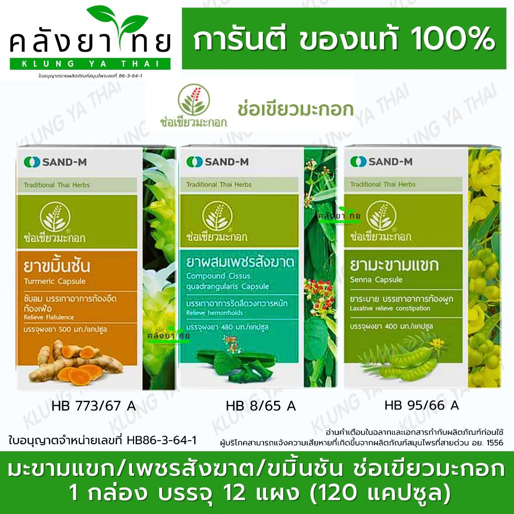 [ยกกล่อง] ช่อเขียวมะกอก SAND-M มะขามแขก/เพชรสังฆาต/ขมิ้นชัน แคปซูล ขนาด 12X10 แคปซูล พร้อมส่ง