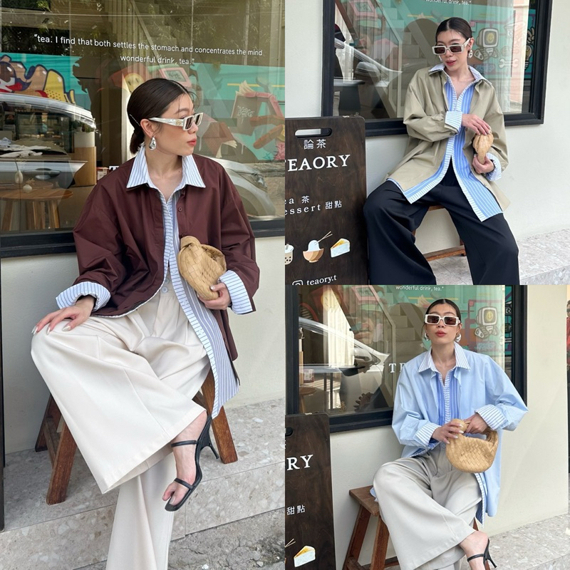 เปิดพรี 8097 NEW ARRIVAL (590฿) Double Layers Oversize Shirt เสื้อเชิ้ตทรง oversize 2ชั้น ตัวในผ้าoxfordsลายริ้ว