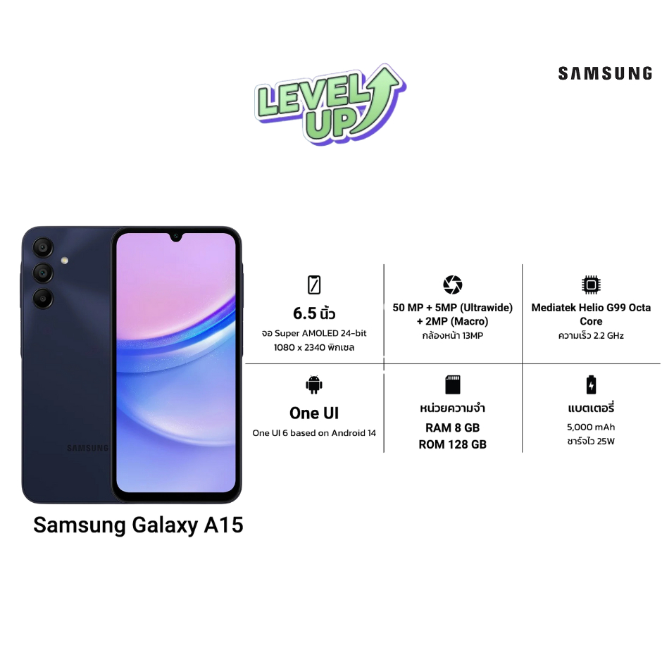 [พร้อมส่ง] SSamsung Galaxy A15 LTE 8/128GB โทรศัพท์ กล้อง 50MP จอใหญ่ 6.5" เครื่องแท้มือ1 ประกันศูนย์ไทย