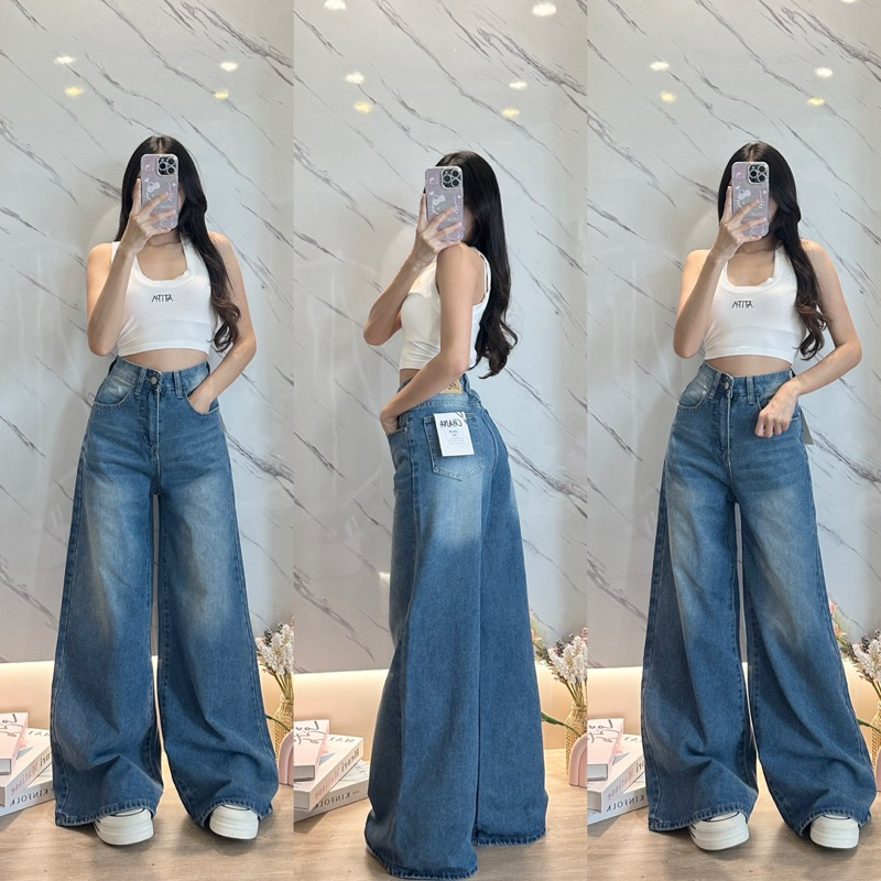 Baggy Jeans สียีนส์เฟด B546 ทรงขาบานเอวสูงผ้าไม่ยืด ใส่สไตล์เอวต่ำได้