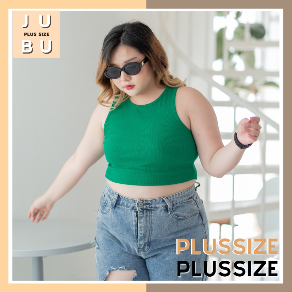 พร้อมส่ง เสื้อครอป(ไม่มีฟองน้ำ) เสื้อพลัสไซส์ ผ้าร่องยืด อก 34-48 นิ้ว plussize#490