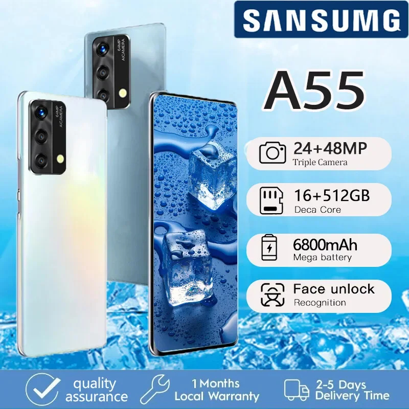 【รับประกัน 1 ปี】โทรศัพท์ A55 (Ram16G + Rom512G) เครื่องใหม่ 6.7นิ้ว โทรศัพท์ใส่ได้2ซิม บลูทูธ มีเมนูภาษาไทย