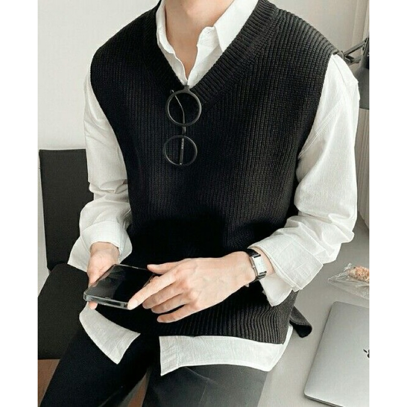 เสื้อกั๊กไหมพรมมีไซส์ใหญ่ L-9XL แบรนด์ส่งออก KING SIZE : Shaker Knit V-Neck Sweater Vest
