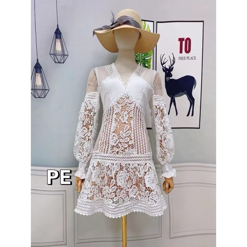 (s,m,xl,2xl) เดรสสั้น เดรสลูกไม้ แขนยาว ผ้าดีมากๆ งานป้าย pe brand