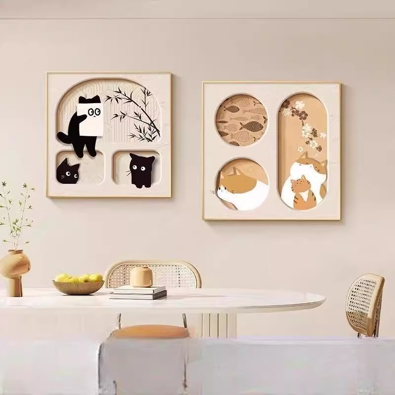 การ์ตูนแมวตกแต่งร้านอาหารภาพวาดศิลปะความรู้สึกของหรูหราภาพจิตรกรรมฝาผนังสดขนาดเล็ก