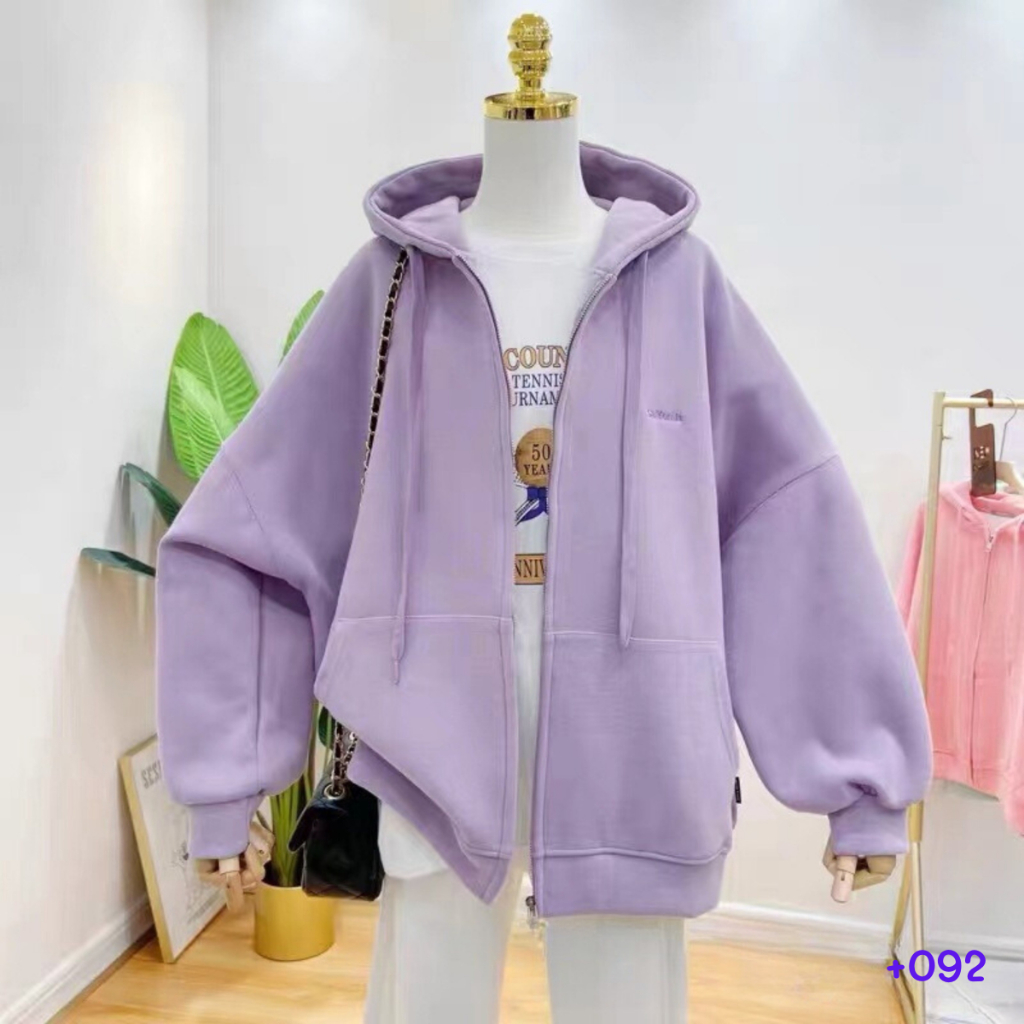 +092 เสื้อคลุมแขนยาวสีม่วงอ่อนมีฮู๊ด