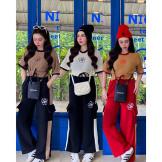 JZ ชุดเซ็ต 2 ชิ้น ผ้าวูลเวฟอย่างดี เสื้อคอกลมแขนสั้นสกีนดอกไ…