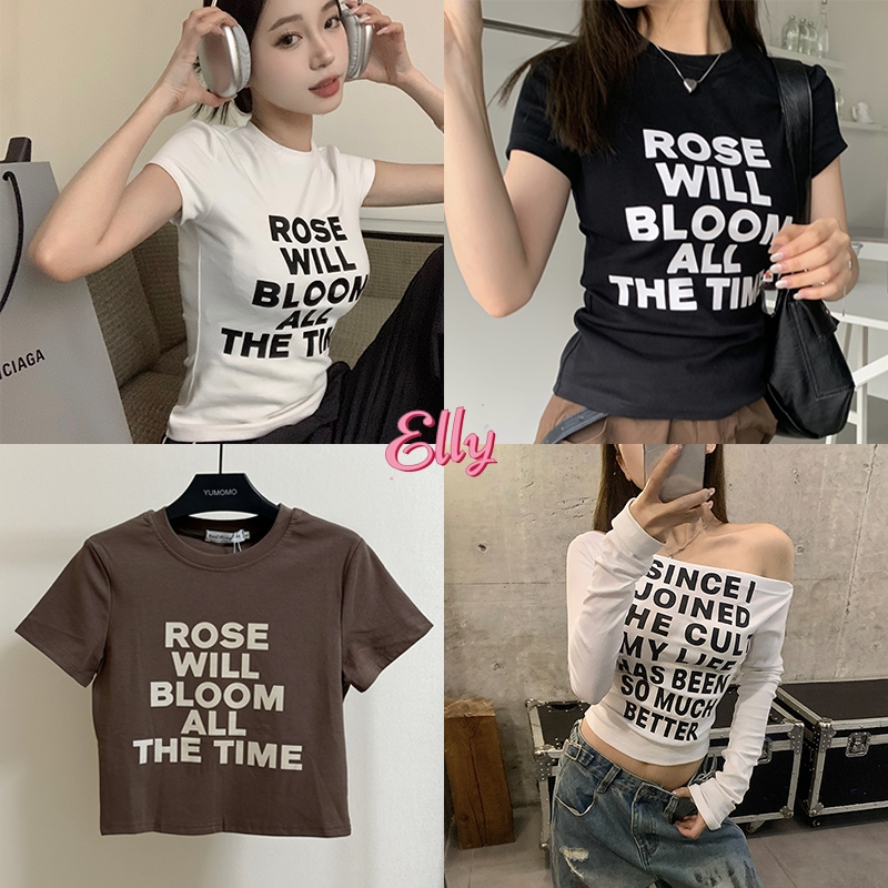 Elly พร้อมส่ง เสื้อครอปท็อป แขนสั้น เสื้อยืดคอกลม พิมพ์ลายตัวอักษร เสื้อรัดรูป สไตล์เกาหลี แฟชั่นฮาราจูกุ สไตล์วินเทจ