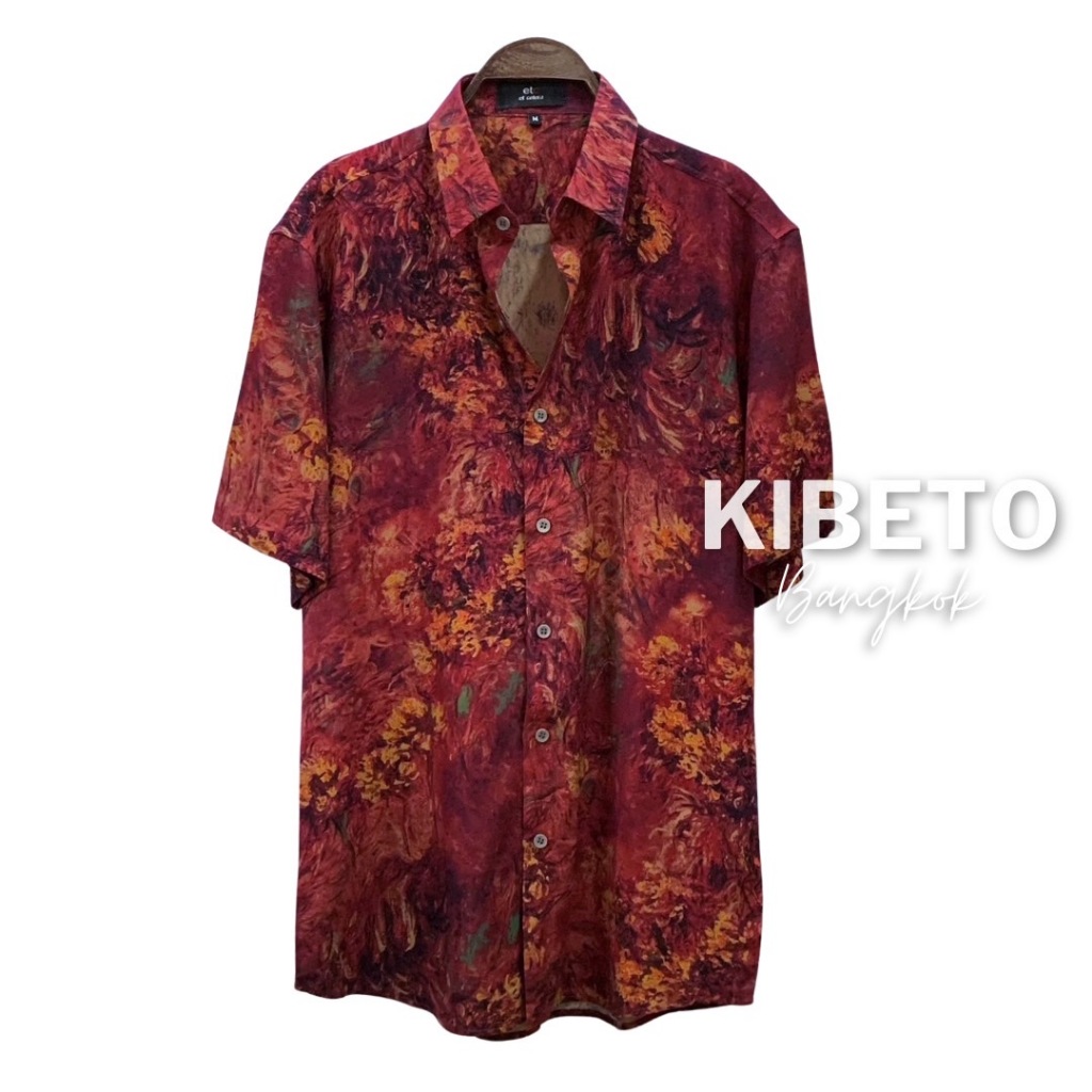 Kibeto เสื้อฮาวาย ลายดอกวินเทจ สีแดงหม่น ผ้าสปันเรยอน เนื้อนิ่ม ใส่สบาย M L XL 2XL 3XL