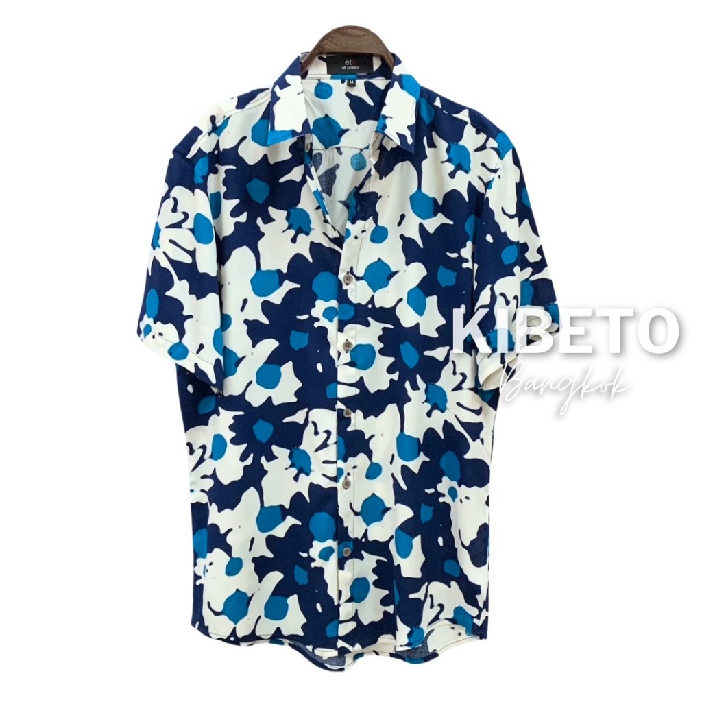 kibeto เสื้อฮาวาย ลายดอกไม้ญี่ปุ่น สีน้ำเงิน ผ้าสปันเรยอน เนื้อนิ่ม ใส่สบาย