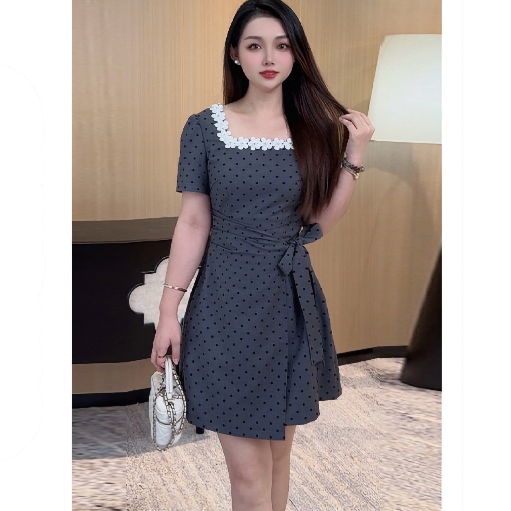 【ใหม่】M-4XL เดรสลายจุดสไตล์ฝรั่งเศส สำหรับสาวพลัสไซส์ ช่วยให้ดูเพรียว กระโปรงทรงเอสุดหรู เดรสสุดเรียบหรู