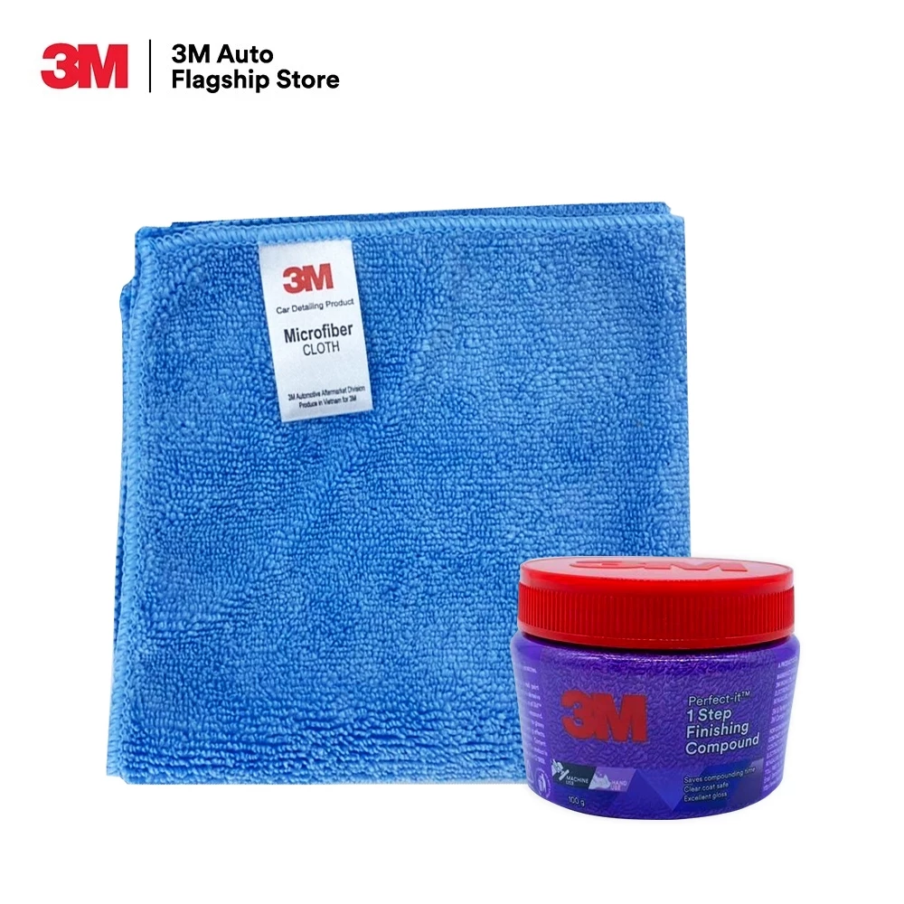 3M PERFECT-IT II 1 STEP น้ำยาขัดสี ลบรอยขนแมว ขนาด 100 กรัม + 3M ผ้าไมโครไฟเบอร์ 30x30 cm. สีฟ้า