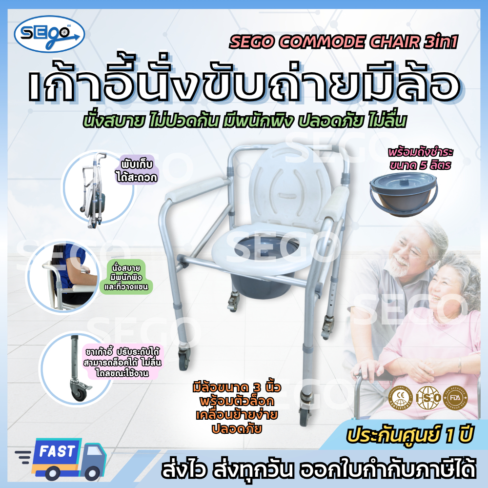 12.12 พร้อมส่ง เก้าอี้นั่งถ่ายSEGO รถเข็นนั่งถ่าย ผู้สูงอายุ พับได้ปรับความสูงได้ โครงอลูมิเนียม น้ำหนักเบาไม่เป็นสนิม
