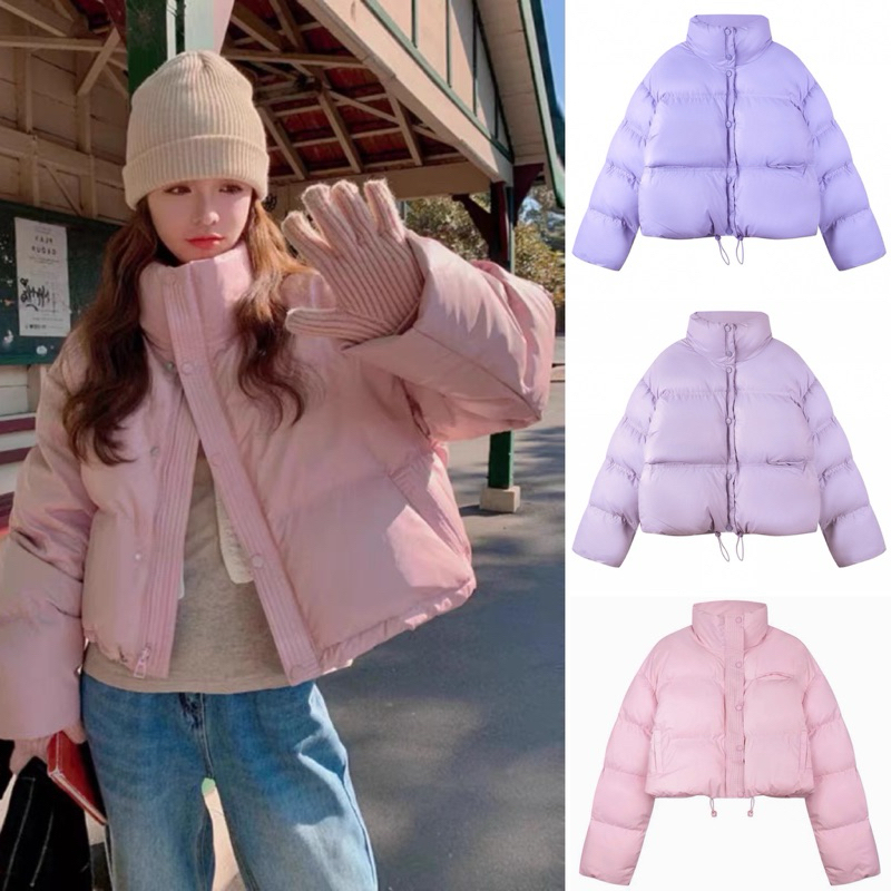 พร้อมส่ง เสื้อแจ็คเก็ตบุนวม โพลีเอสเตอร์ทรงครอป